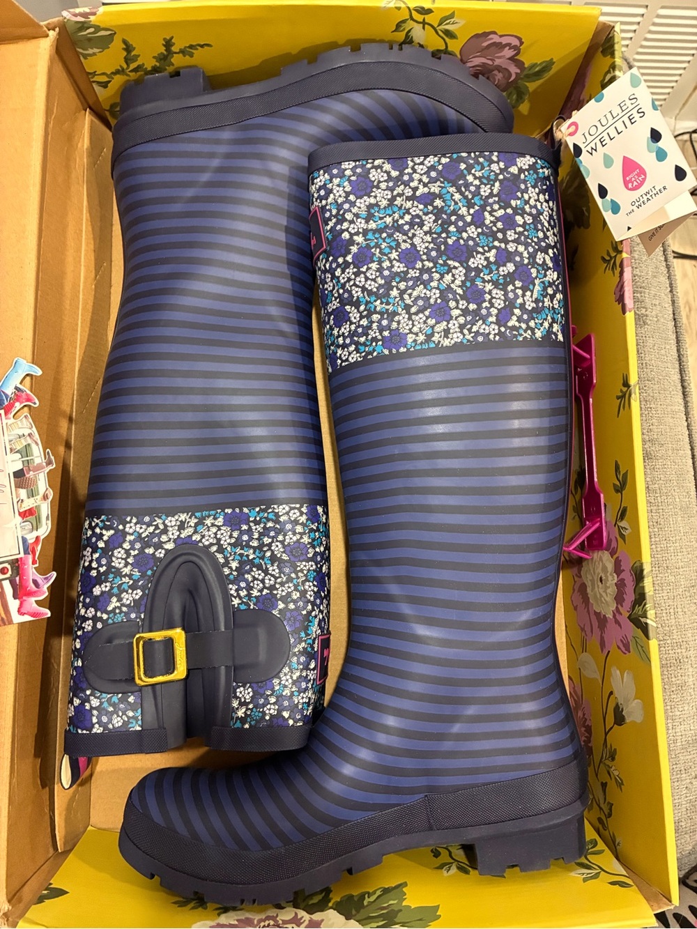 Joules Navy Striped & Floral Women's Rain Boots